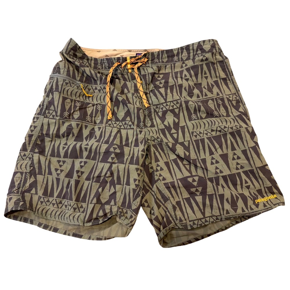 Patagonia Stretch Planing Board Shorts Mens 36 Green‎ Tribal Geometric STY86621